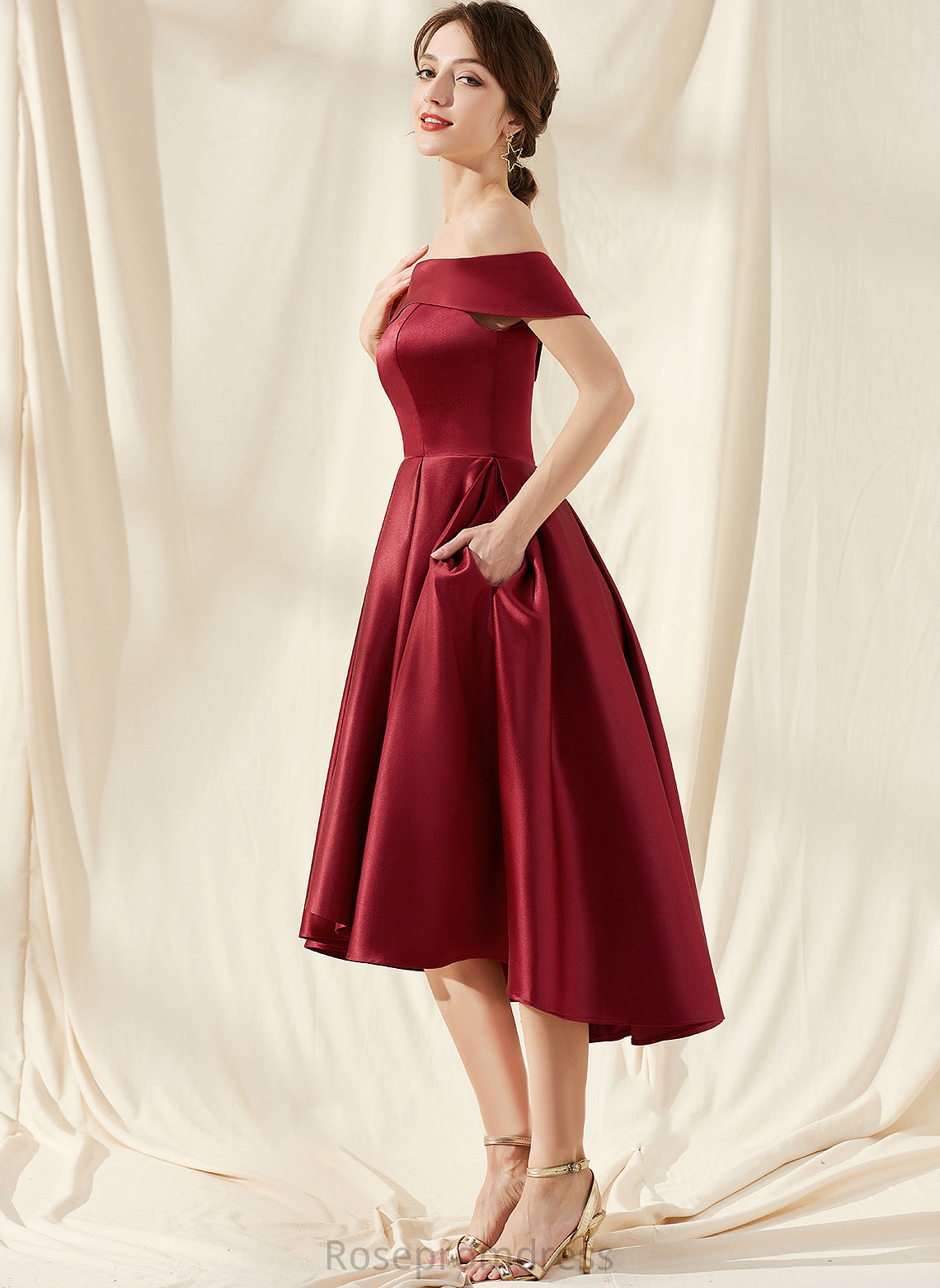 Homecoming Dresses A-Line Payten Pockets Off-the-Shoulder With Asymmetrical Satin Dress Homecoming