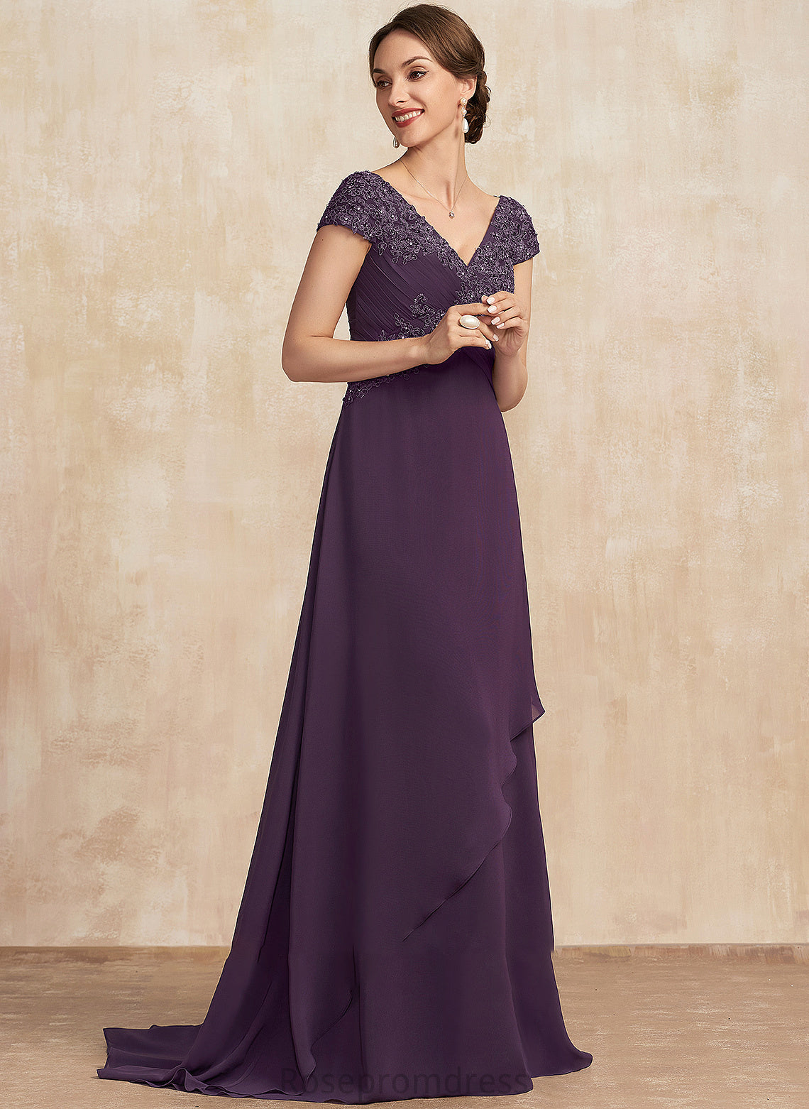 Tiffany A-Line Lace Bride Chiffon Mother Train Sweep Beading Ruffle V-neck Dress With of Mother of the Bride Dresses the