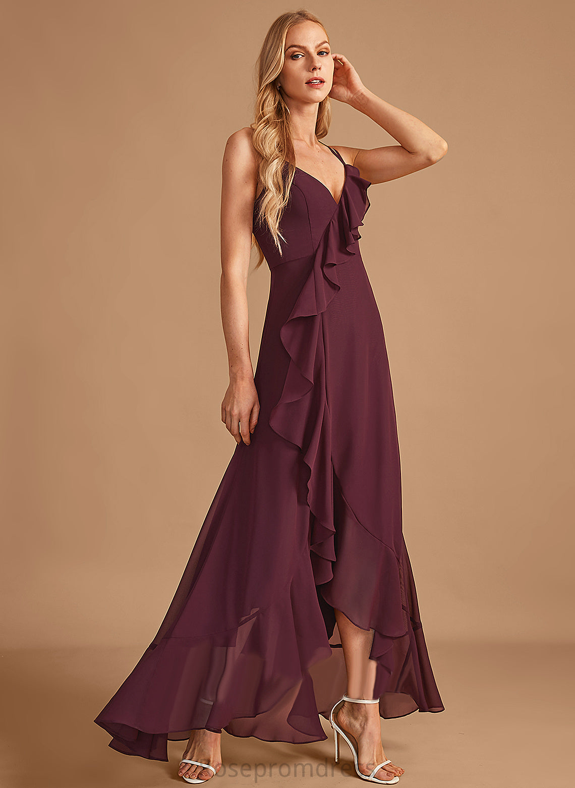 Silhouette V-neck Asymmetrical Embellishment Fabric SplitFront Neckline A-Line Length Ruffle Mandy Floor Length Bridesmaid Dresses