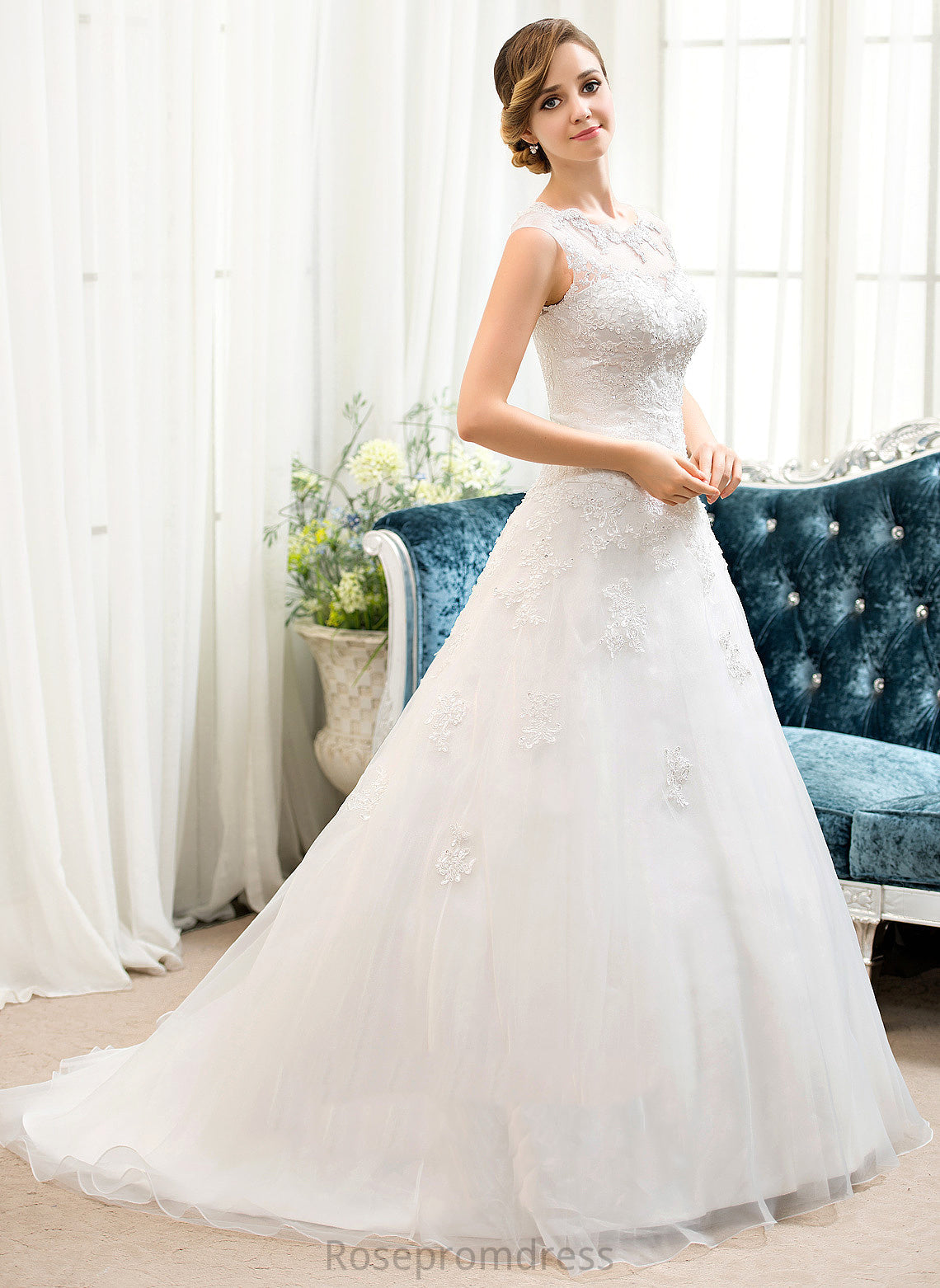 Ball-Gown/Princess Wedding Dress Train Wedding Dresses Organza With Beading Tulle Sequins Illusion Sweep Lace Meghan