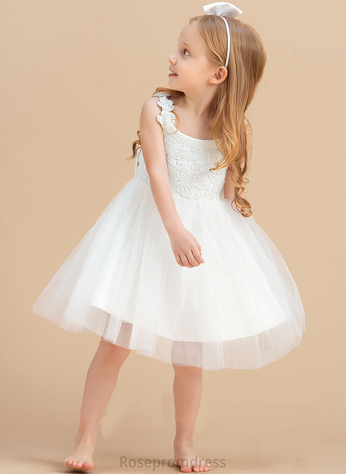 With Satin/Tulle/Lace Kiera Girl Flower(s)/V Dress Knee-length - Back Neck Flower Scoop A-Line Sleeveless Flower Girl Dresses