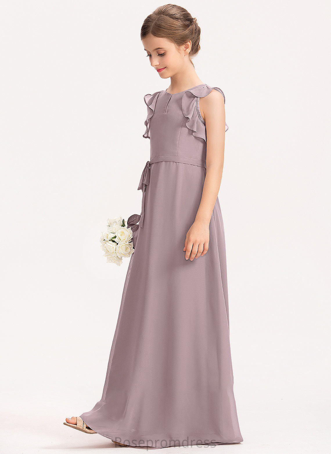 Junior Bridesmaid Dresses Floor-Length A-Line Isabell Cascading Scoop Neck With Chiffon Bow(s) Ruffles