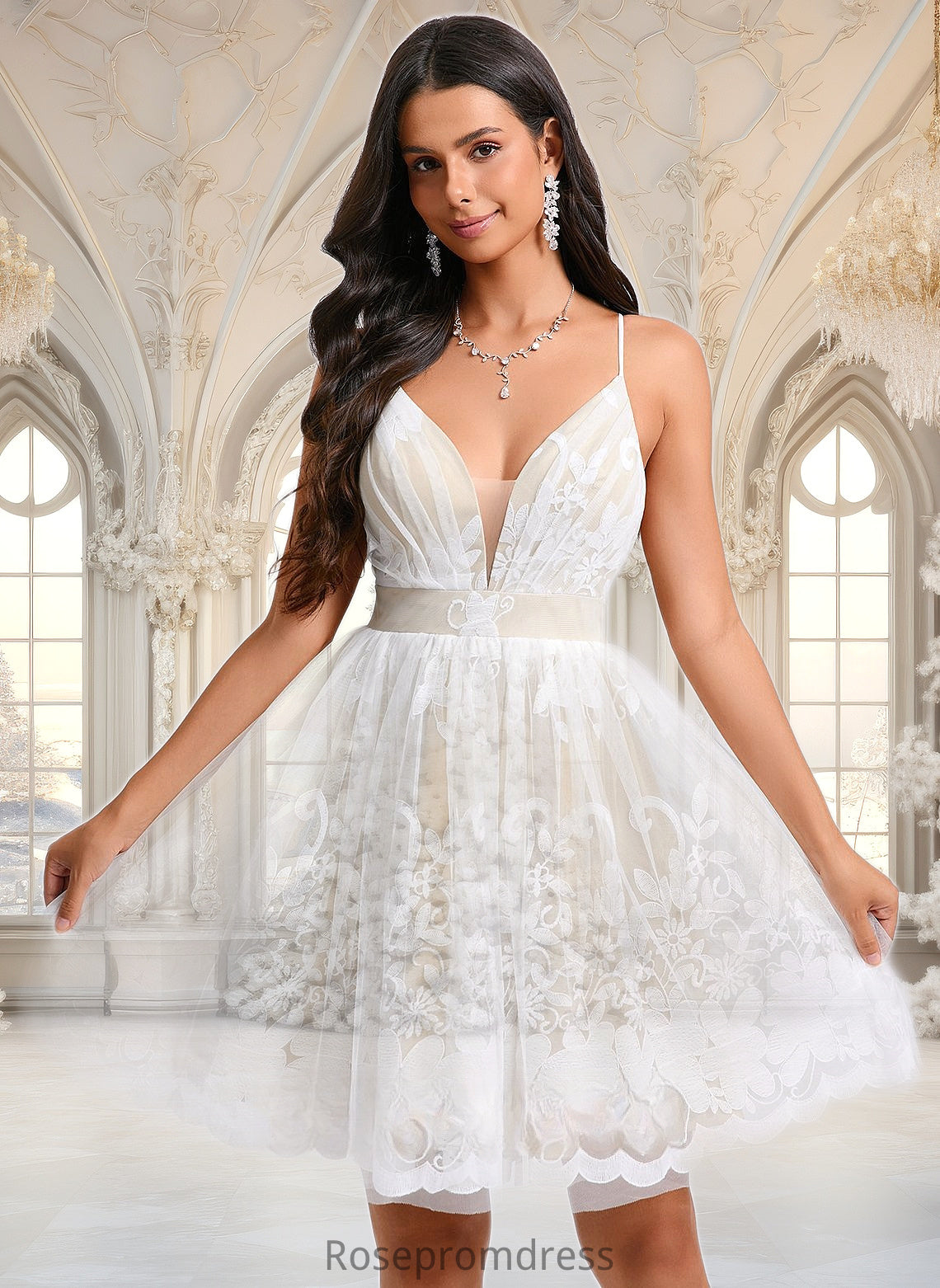 Margaret Ball-Gown/Princess V-Neck Short Tulle Lace Homecoming Dress With Pleated DSP0025711