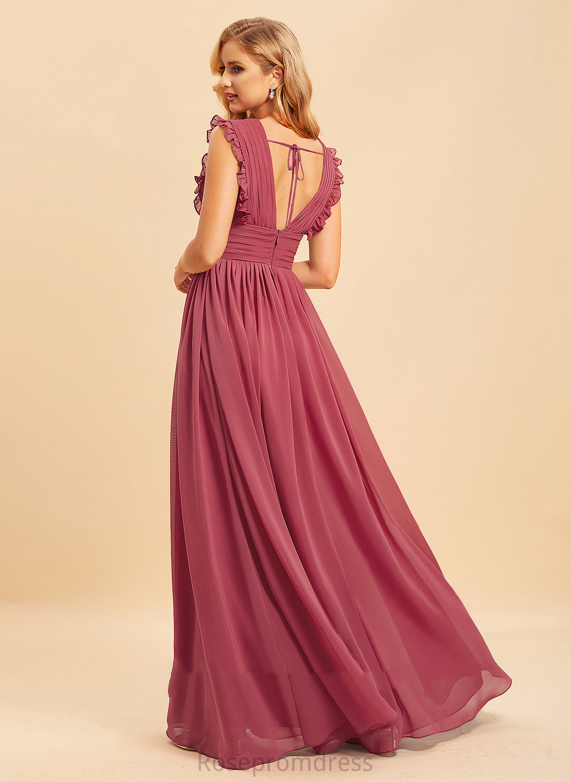 Fabric Neckline Length SplitFront A-Line Embellishment Silhouette Ruffle V-neck Floor-Length Kyleigh A-Line/Princess Bridesmaid Dresses