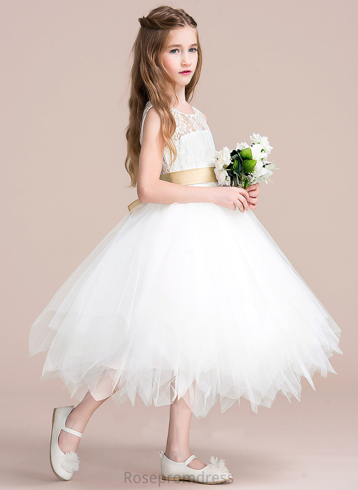 Taliyah sash) With (Detachable A-Line Flower - Flower Girl Dresses Neck Scoop Sleeveless Tea-length Dress Tulle/Lace Girl Hole Sash/Back