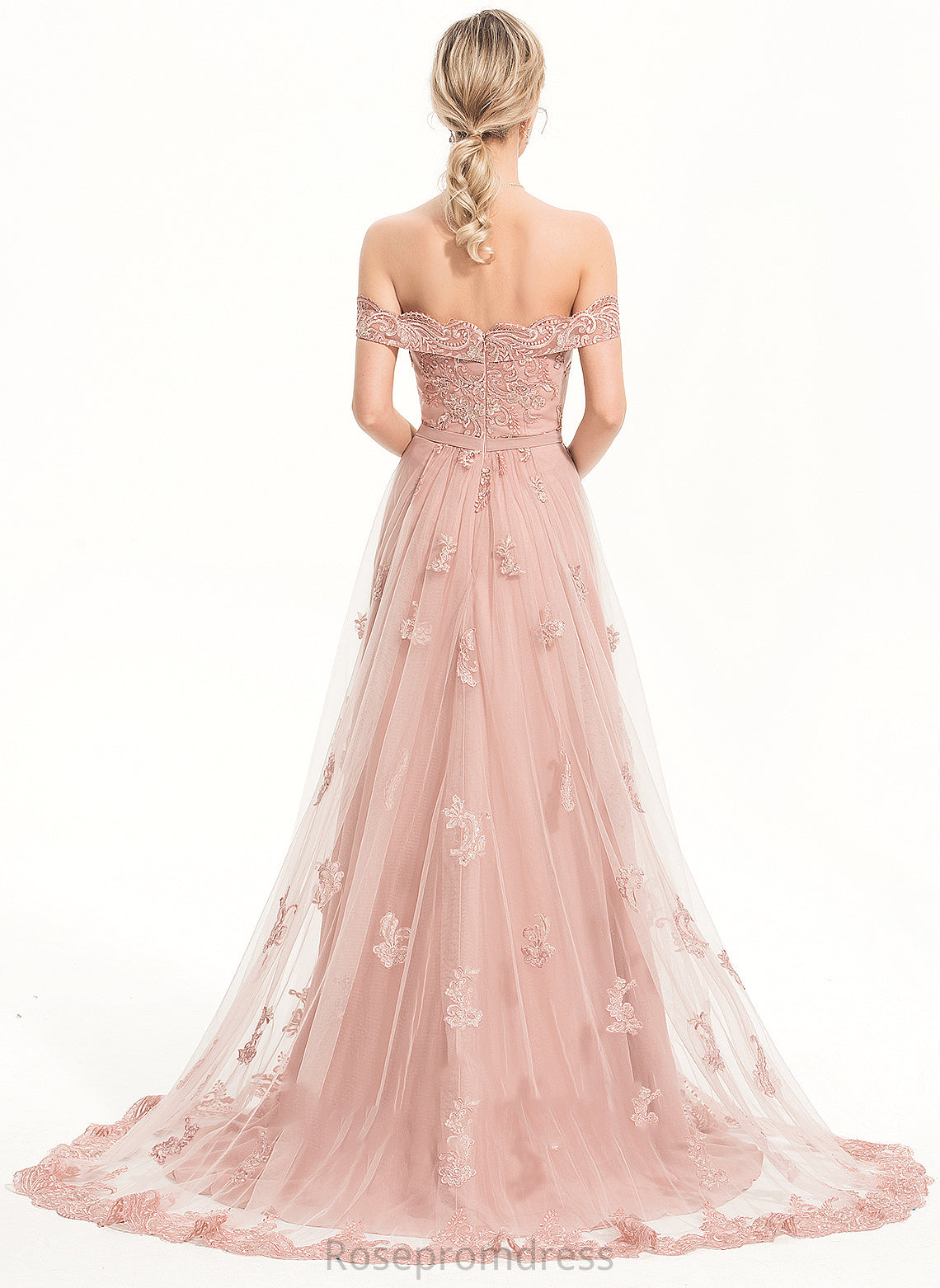 Tulle A-Line Train Prom Dresses Chiffon Sweep Off-the-Shoulder With Savanah Sequins