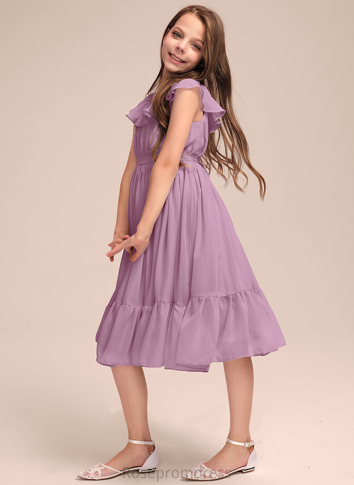 Junior Bridesmaid Dresses Scoop Cascading Bow(s) Knee-Length Chiffon Ruffles With A-Line Neck Eleanor