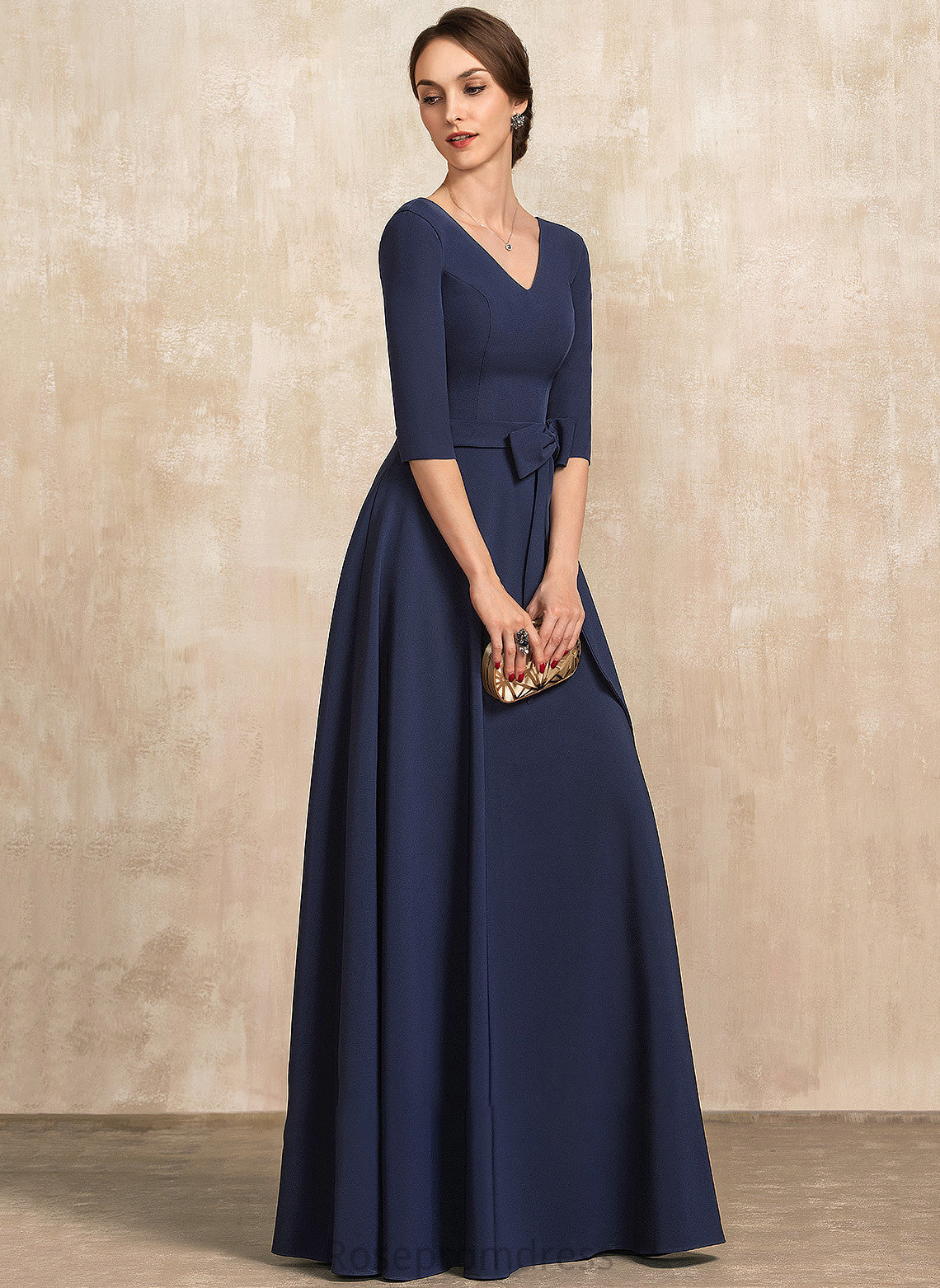 Bow(s) the With Bride Dress of V-neck Floor-Length Stretch Rosa A-Line Mother Crepe Mother of the Bride Dresses