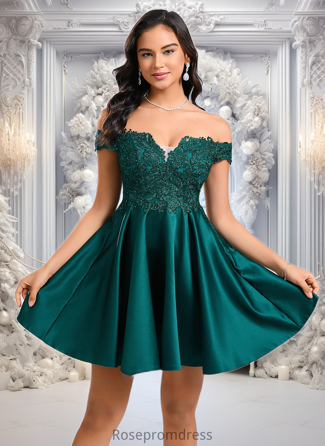 Lily A-line Off the Shoulder Short Lace Satin Homecoming Dress With Rhinestone DSP0025718