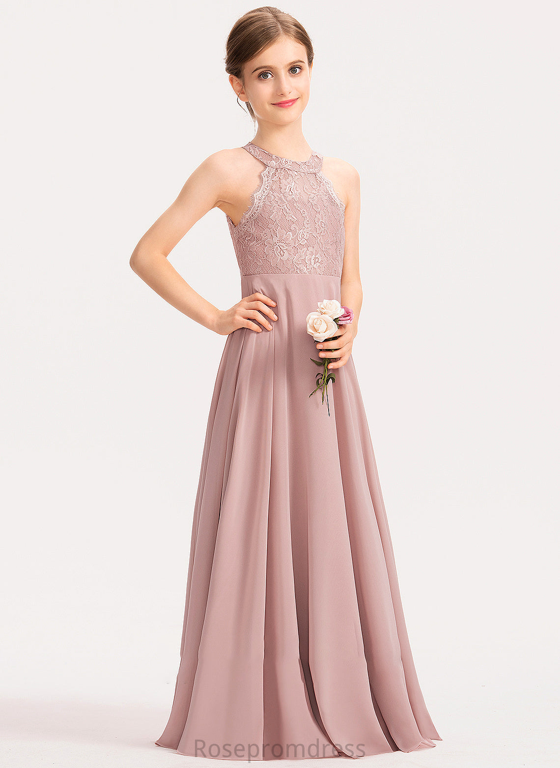 Junior Bridesmaid Dresses Chiffon Floor-Length Scoop Winifred Neck A-Line Lace