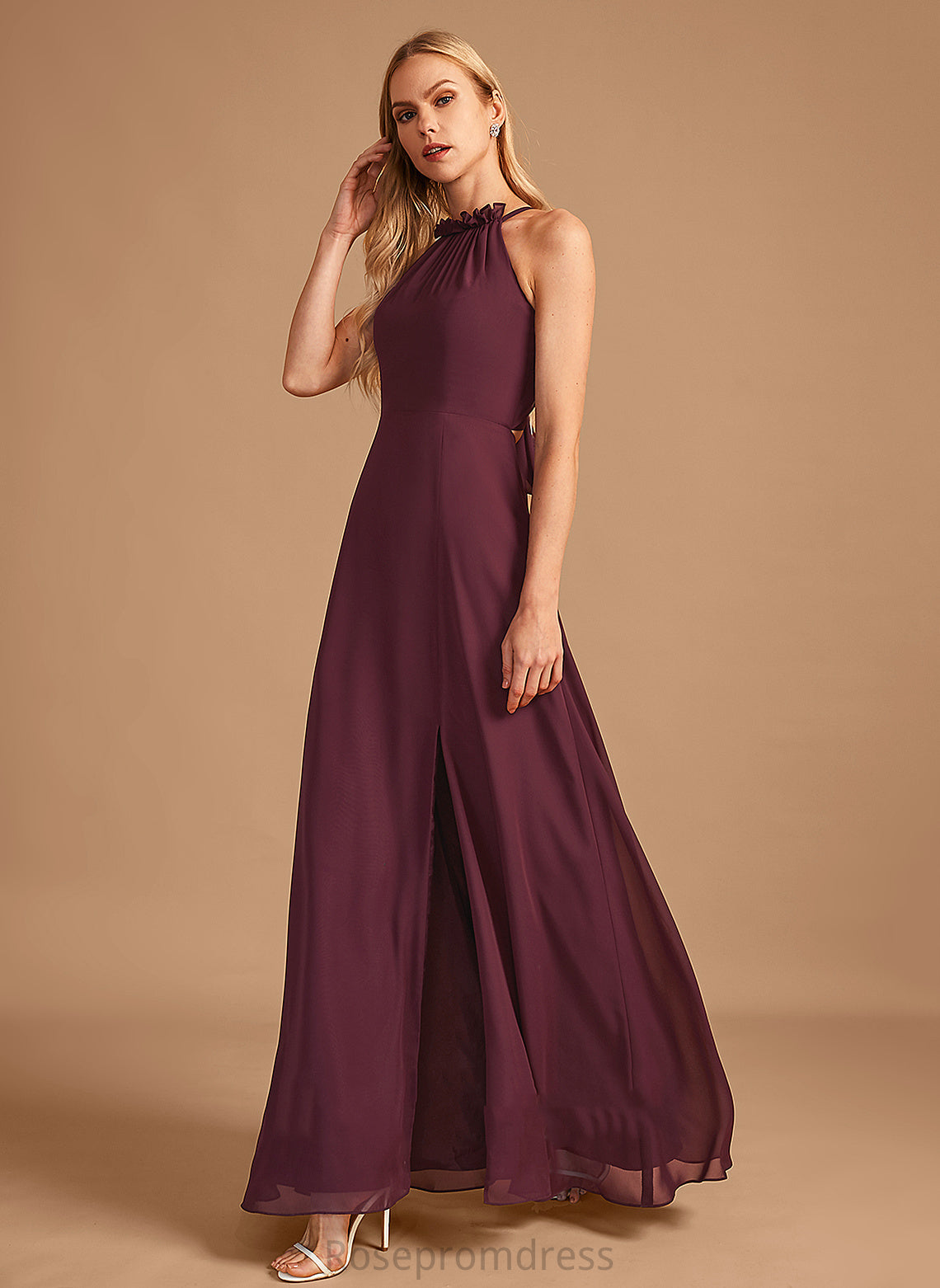 A-Line Length HighNeck Fabric SplitFront Neckline Silhouette Embellishment Floor-Length Selah Natural Waist Sleeveless Bridesmaid Dresses