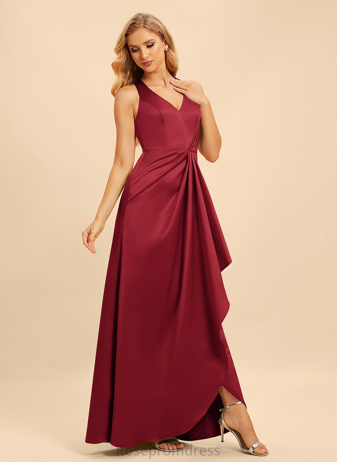 A-Line SplitFront Silhouette Fabric Length Neckline Ruffle Embellishment V-neck Floor-Length Mariah Bridesmaid Dresses