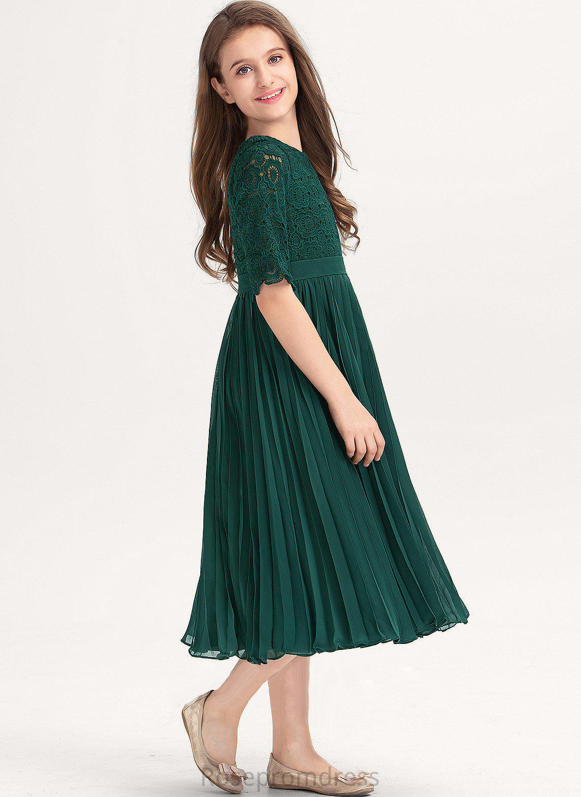 Neck A-Line Fiona With Tea-Length Junior Bridesmaid Dresses Scoop Chiffon Pleated Lace