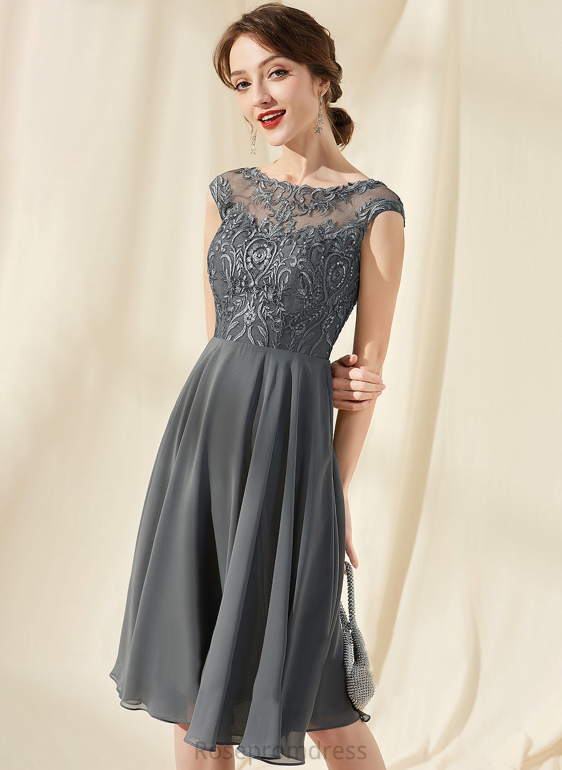 Joanne Lace Neck A-Line Cocktail Sequins Chiffon Cocktail Dresses Knee-Length With Dress Scoop