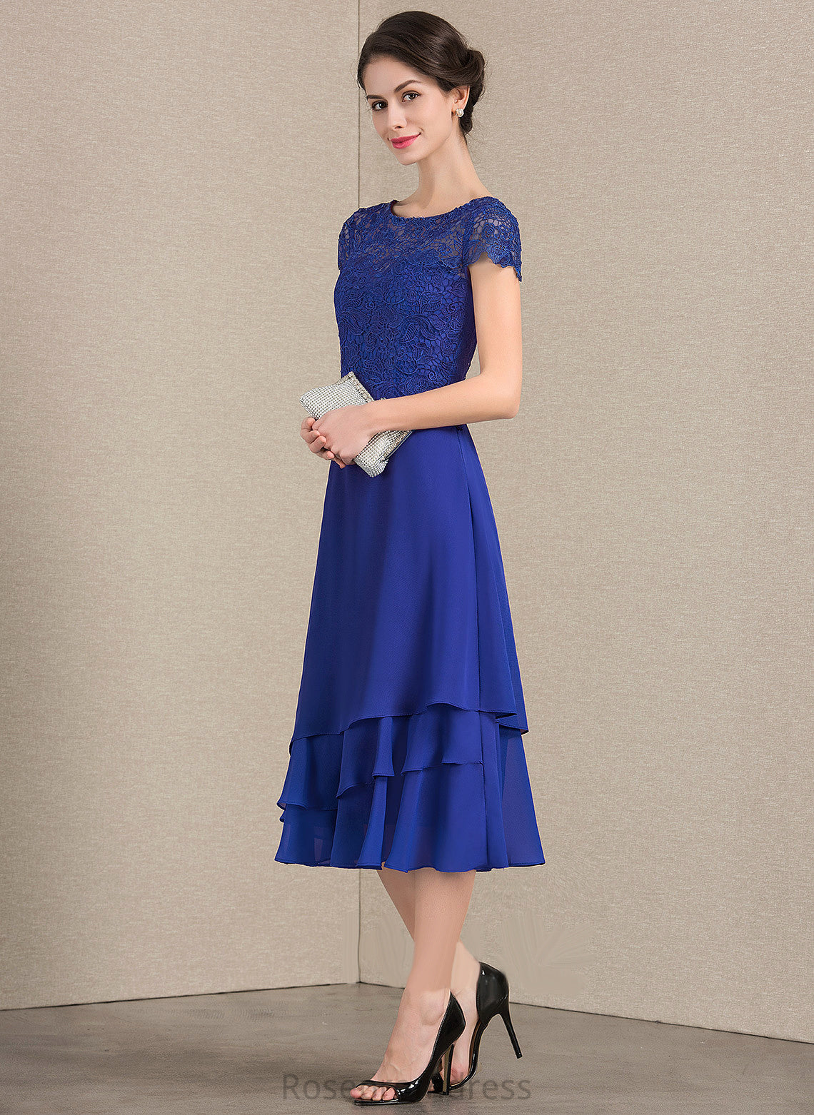 Bride Neck Mother of the Bride Dresses Tea-Length A-Line Lace Scoop Louisa Chiffon Mother the Dress of