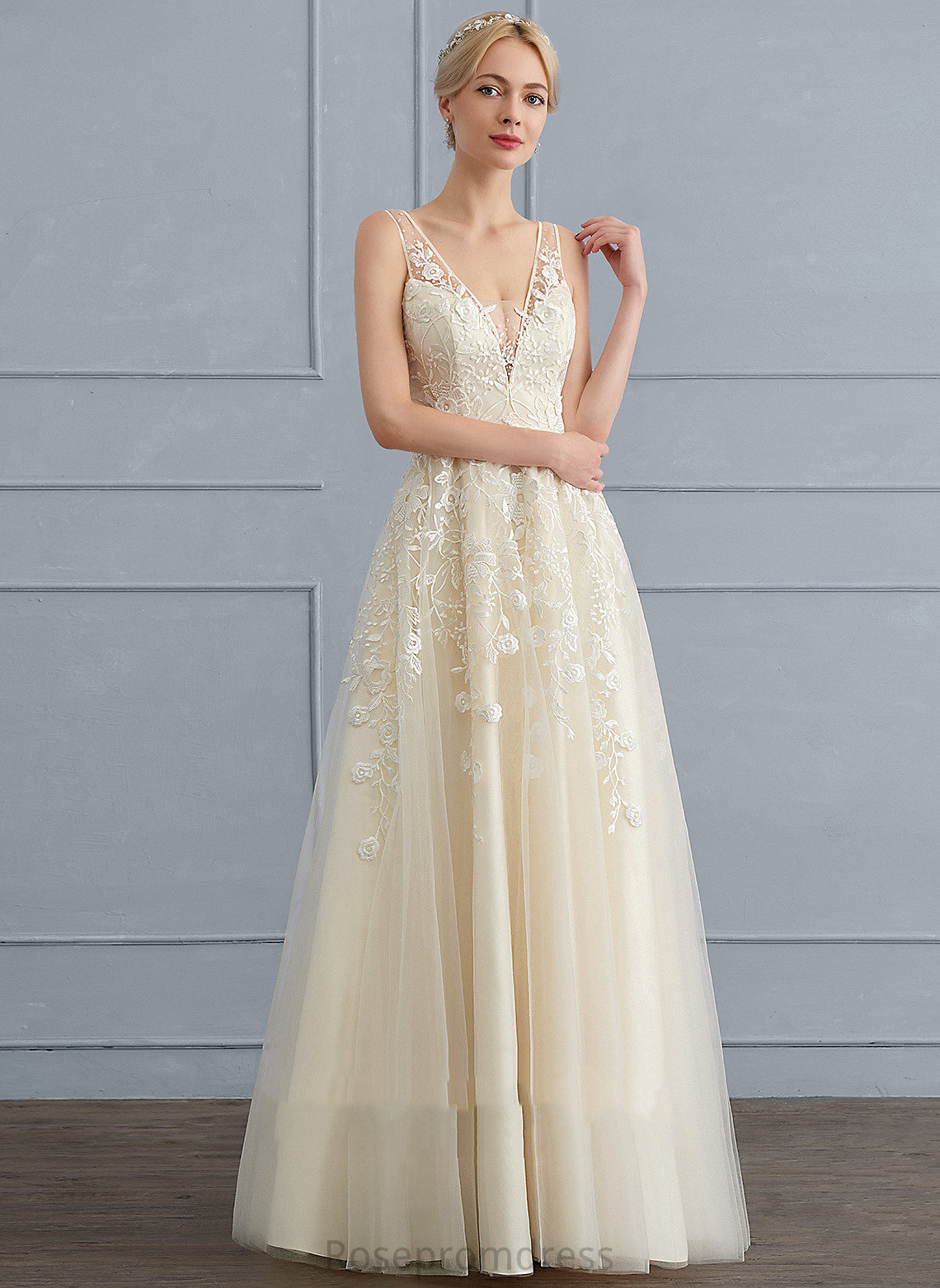 Dress A-Line With Lace Sequins Setlla V-neck Floor-Length Wedding Beading Tulle Wedding Dresses