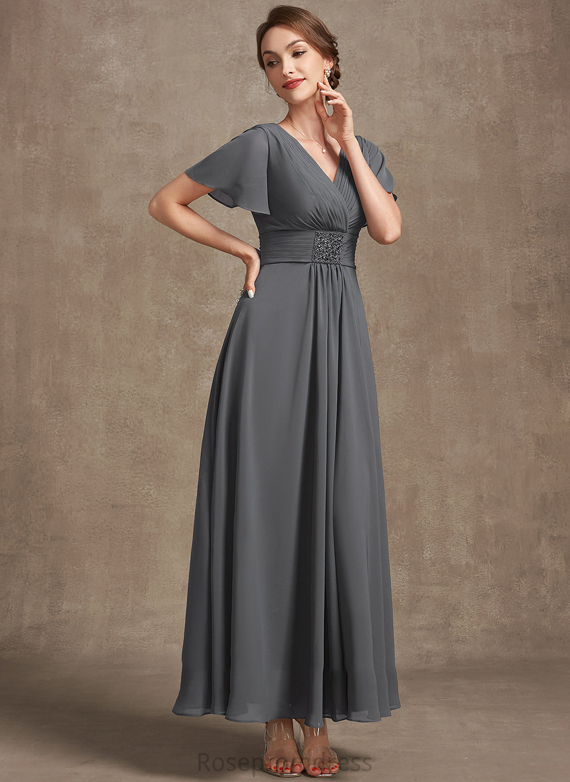 A-Line Chiffon Ankle-Length With Faith Bride Beading the V-neck of Mother Dress Ruffle Mother of the Bride Dresses