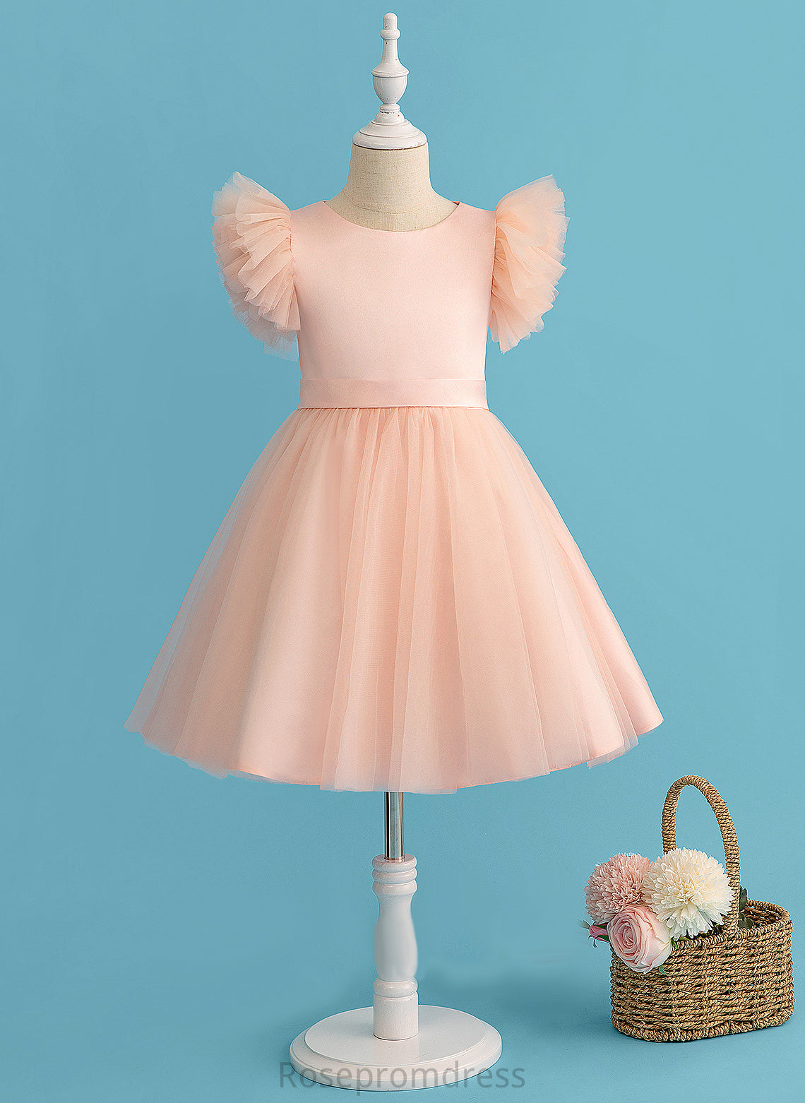 Tulle - Knee-length Sleeves Miya Neck A-Line Flower Girl Dresses Dress Short Scoop Flower Girl