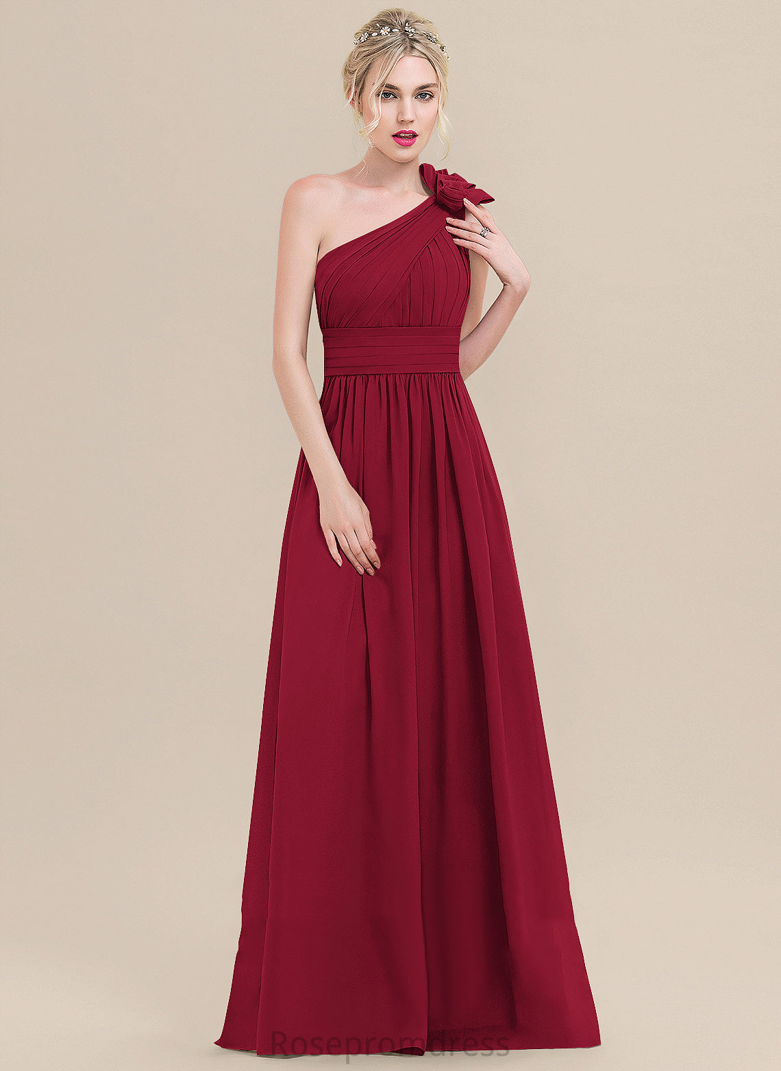 Flower(s) Silhouette Embellishment Fabric A-Line Neckline Length Pleated One-Shoulder Floor-Length Skyler Sleeveless Bridesmaid Dresses