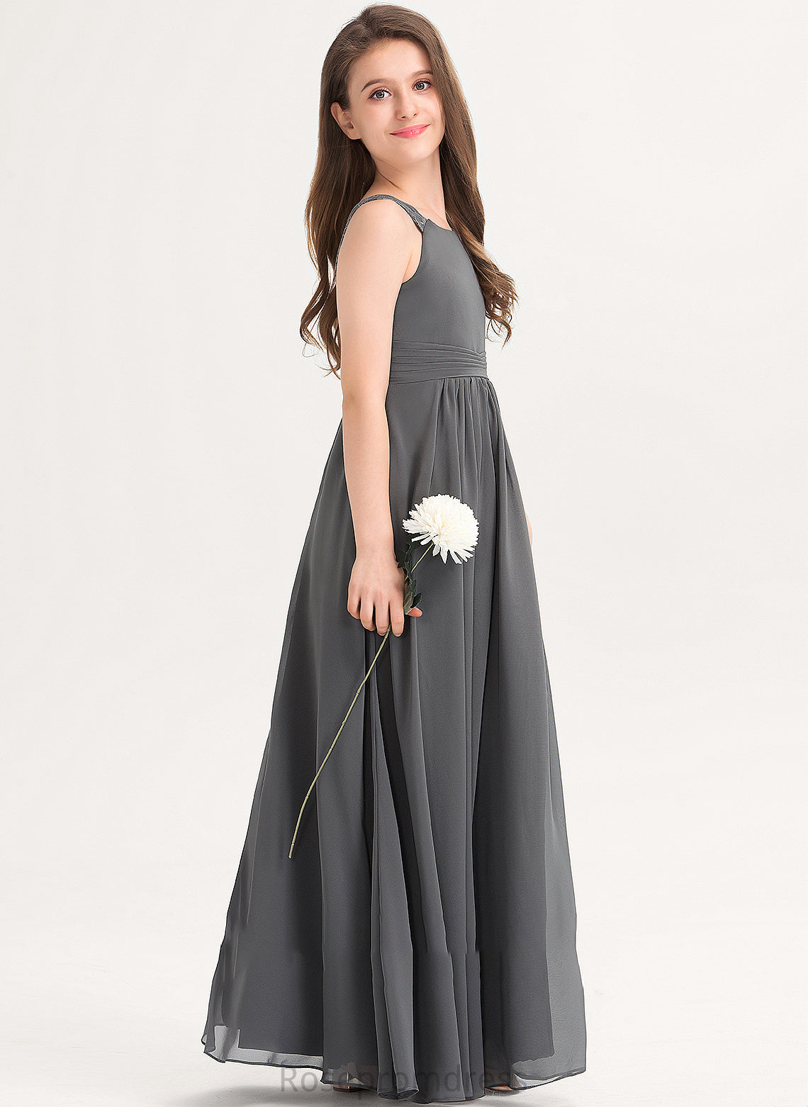 Scoop With Floor-Length Janet Neck Chiffon Lace Ruffle Junior Bridesmaid Dresses A-Line