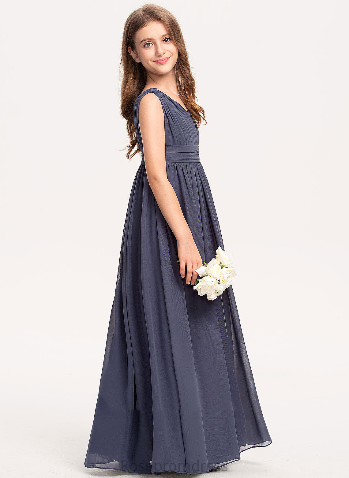 With A-Line Floor-Length V-neck Ruffle Junior Bridesmaid Dresses Chiffon Ashanti