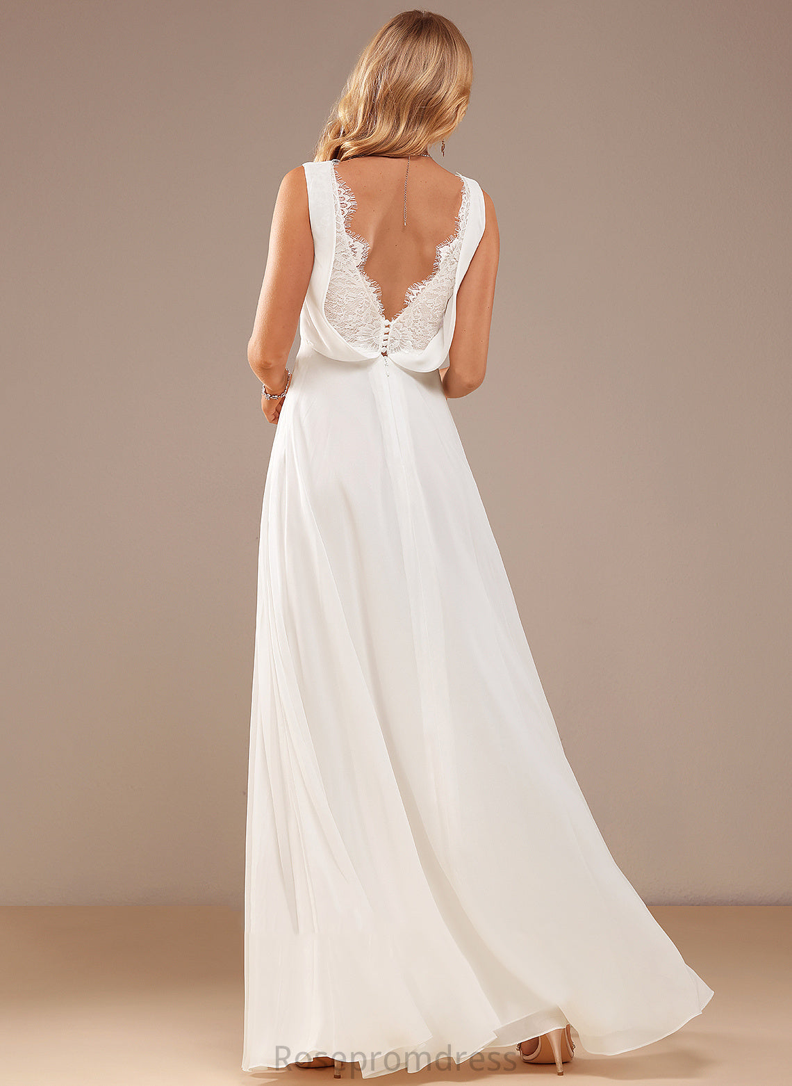 Floor-Length Wedding Dresses V-neck Wedding Kaiya Chiffon Dress A-Line Lace