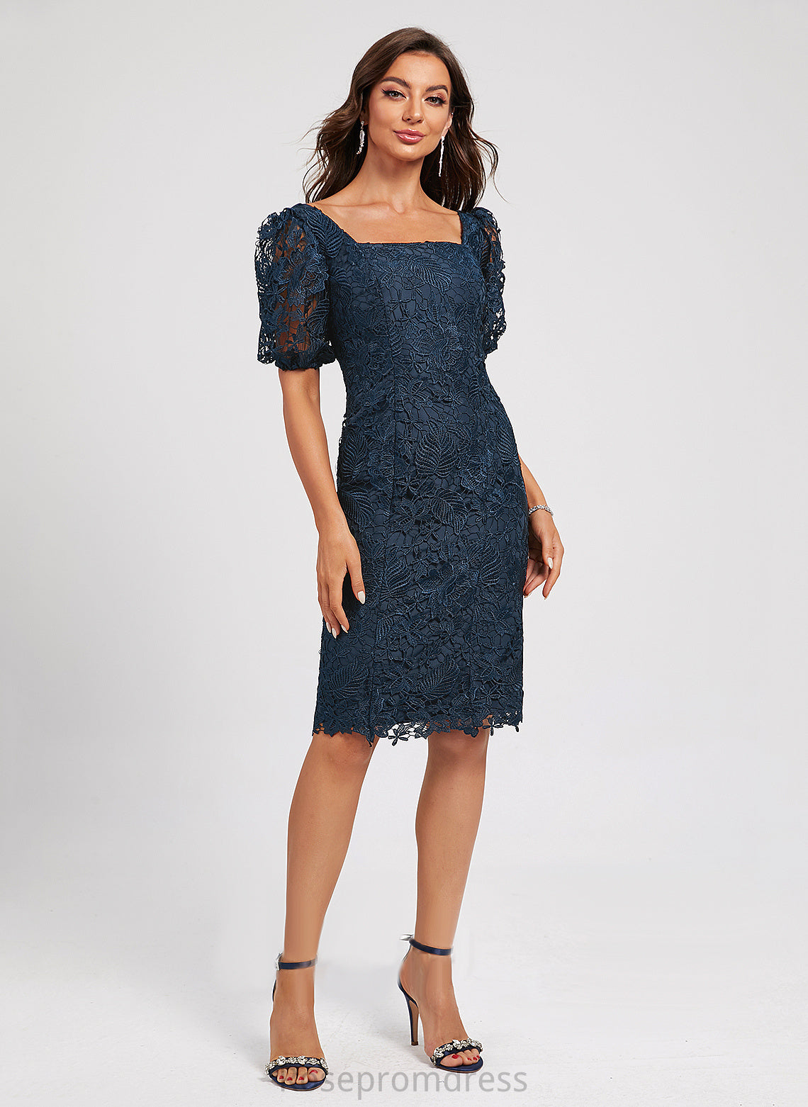 Knee-Length Square Sheath/Column Lace Julie Dress With Cocktail Lace Neckline Cocktail Dresses