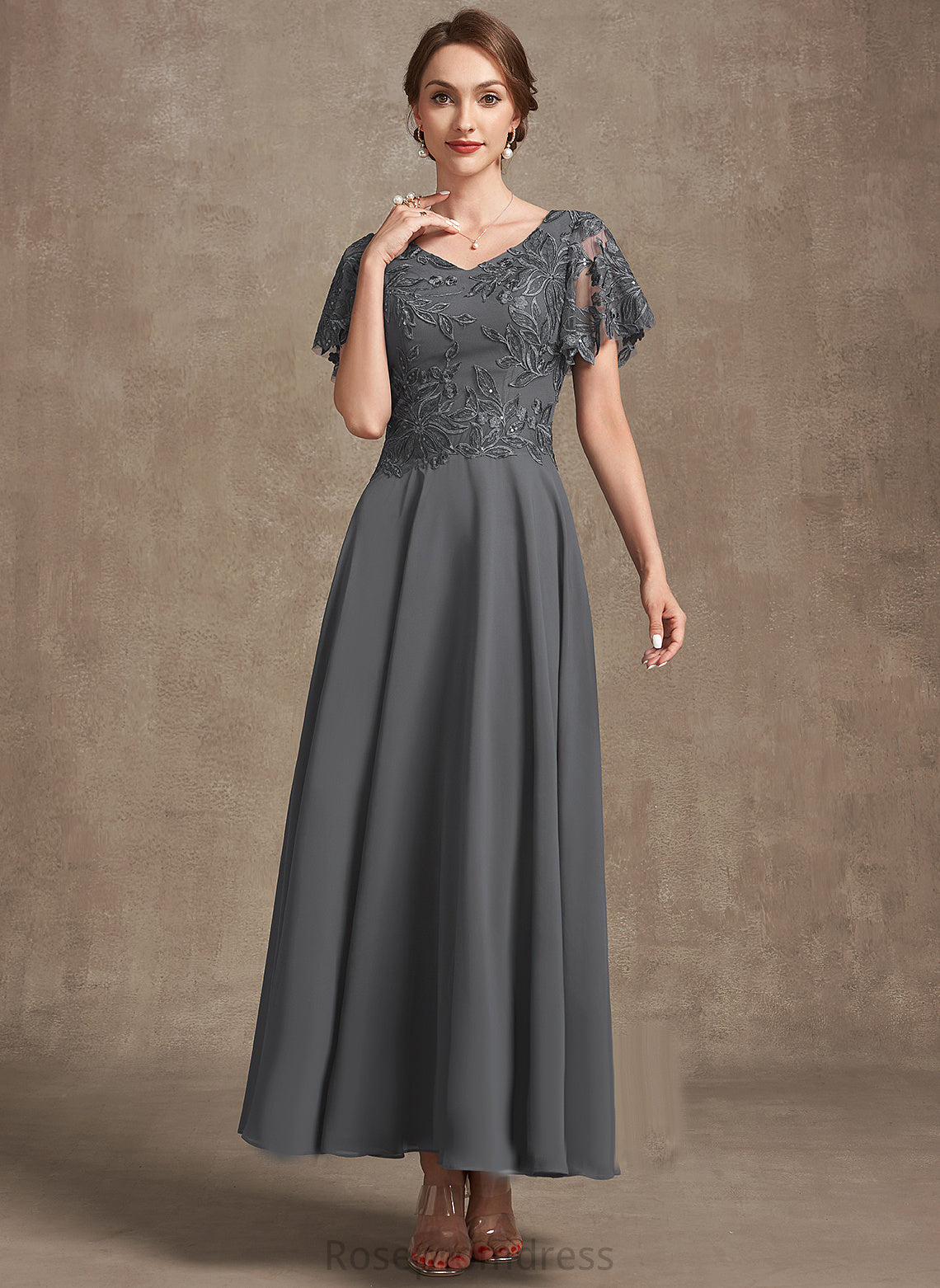 With Bride Lace Mother Sequins of Chiffon the A-Line Dress Ankle-Length Mother of the Bride Dresses Brielle V-neck