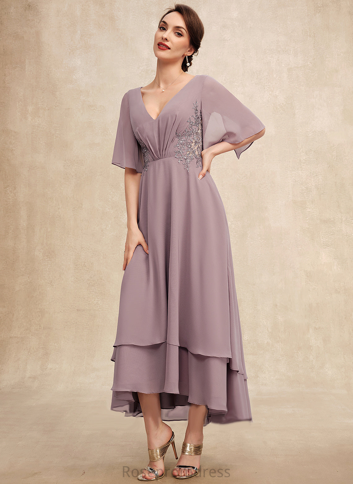 the Beading Ruffle Dress Bride of Asymmetrical Mother of the Bride Dresses Chiffon With A-Line Makaila Mother V-neck Lace