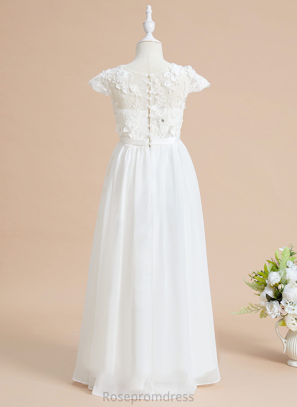 Neck With Girl Floor-length Flower A-Line Marilyn Flower Girl Dresses Chiffon/Lace Dress - Short Scoop Sleeves Flower(s)