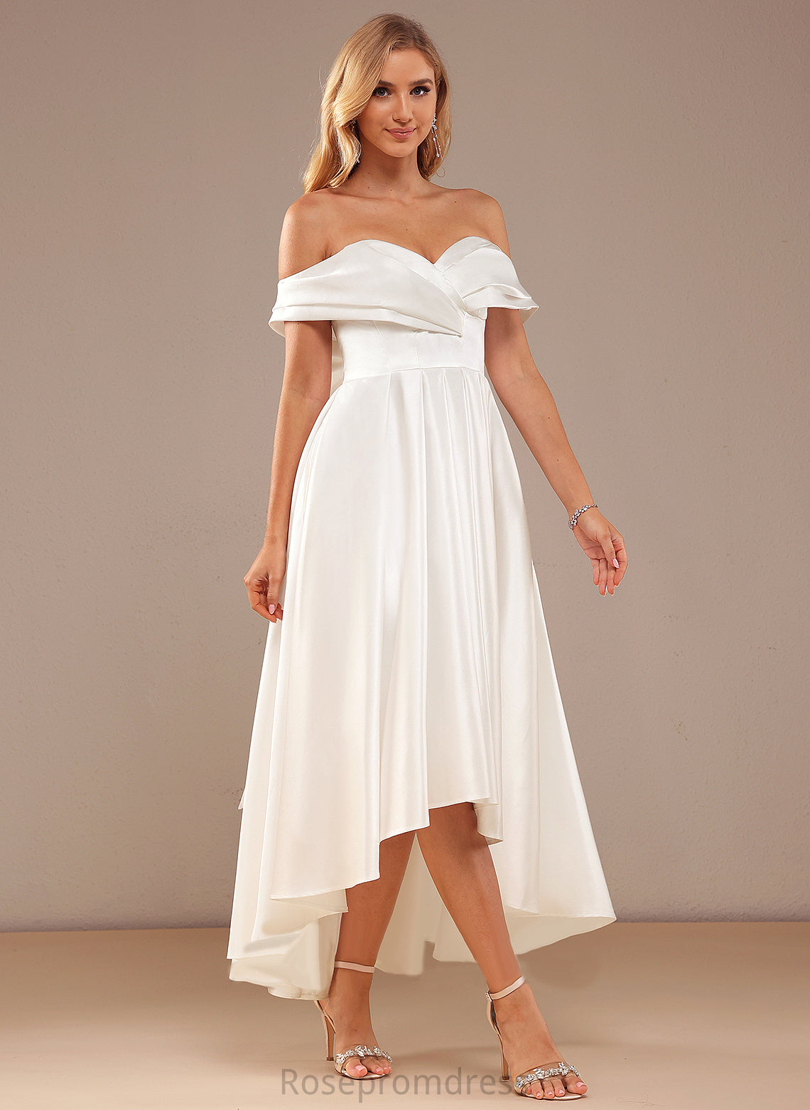 A-Line Dress Asymmetrical Pockets Wedding Satin With Wedding Dresses Noelle Off-the-Shoulder