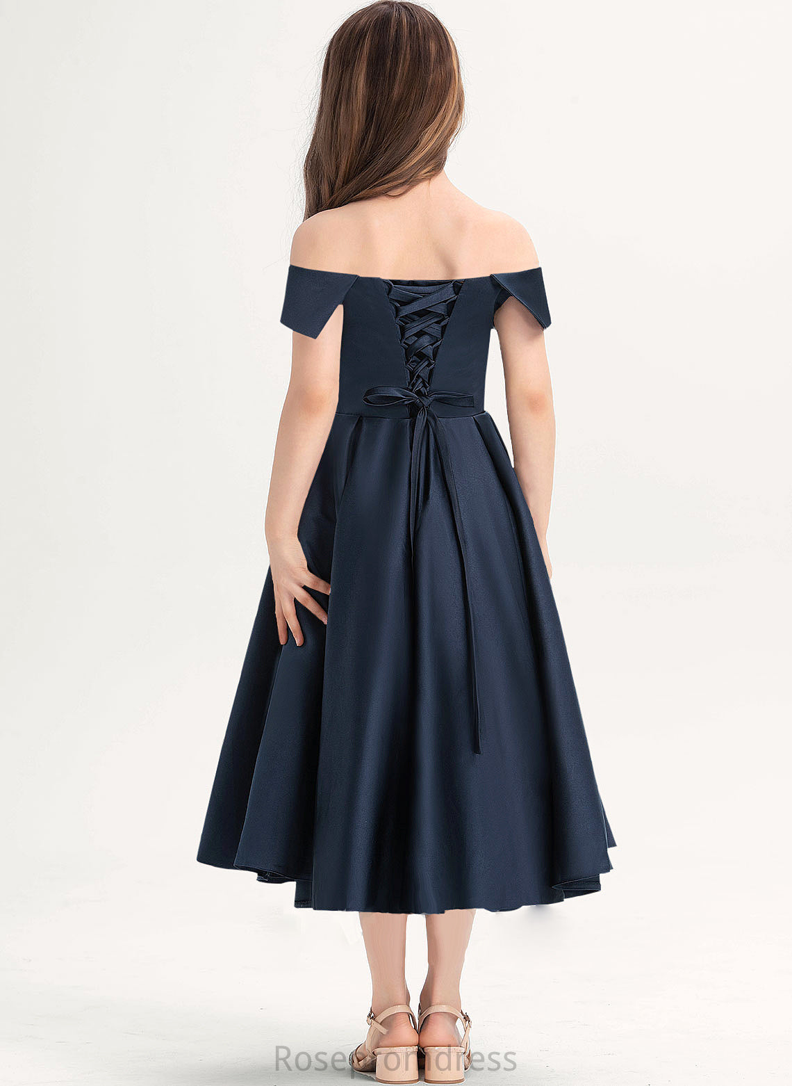 Yesenia With Satin Tea-Length Ruffle Pockets Off-the-Shoulder A-Line Junior Bridesmaid Dresses