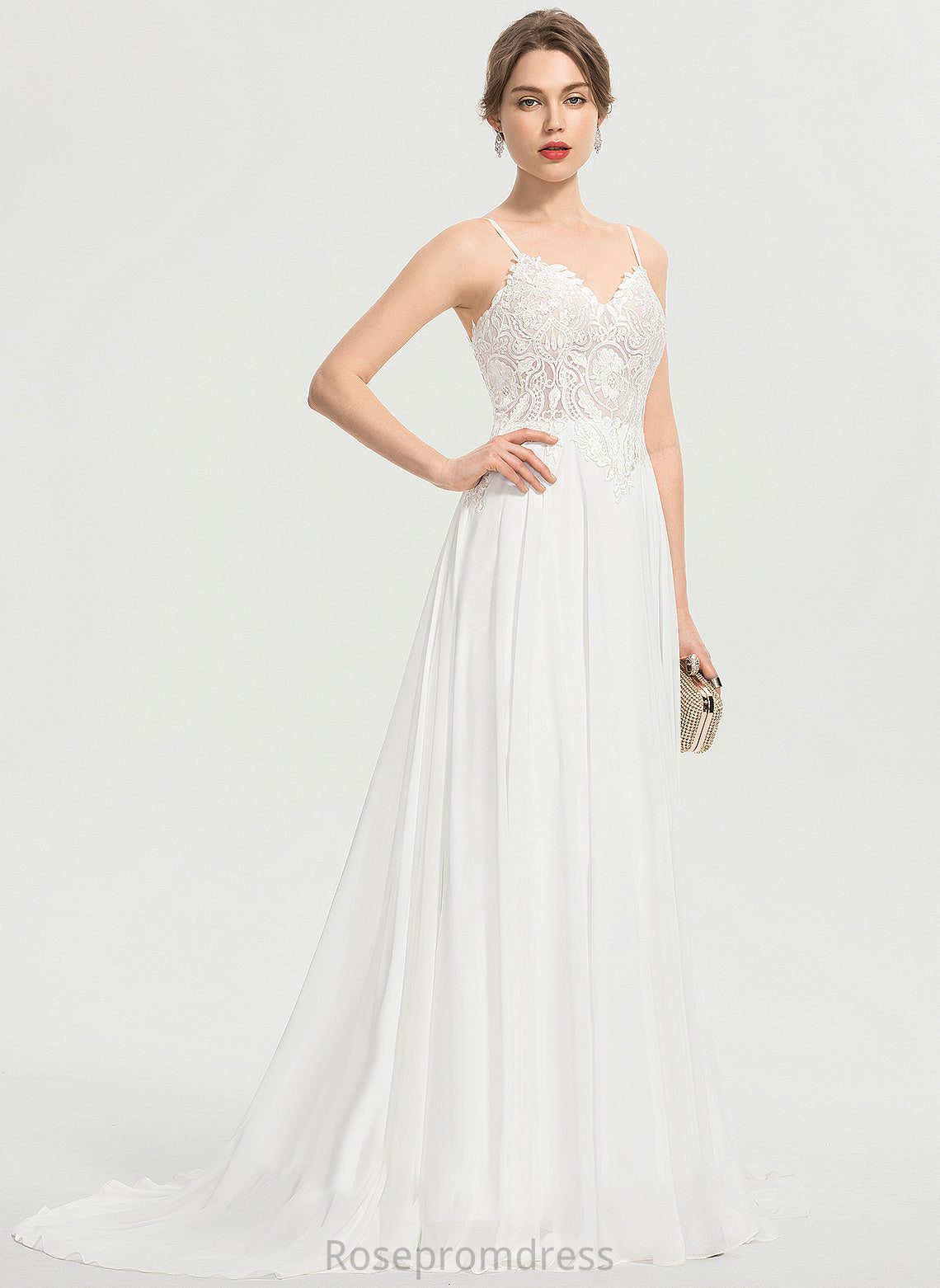 Front Lace Train Chiffon Delilah V-neck Wedding Dresses Wedding Sweep A-Line With Split Dress