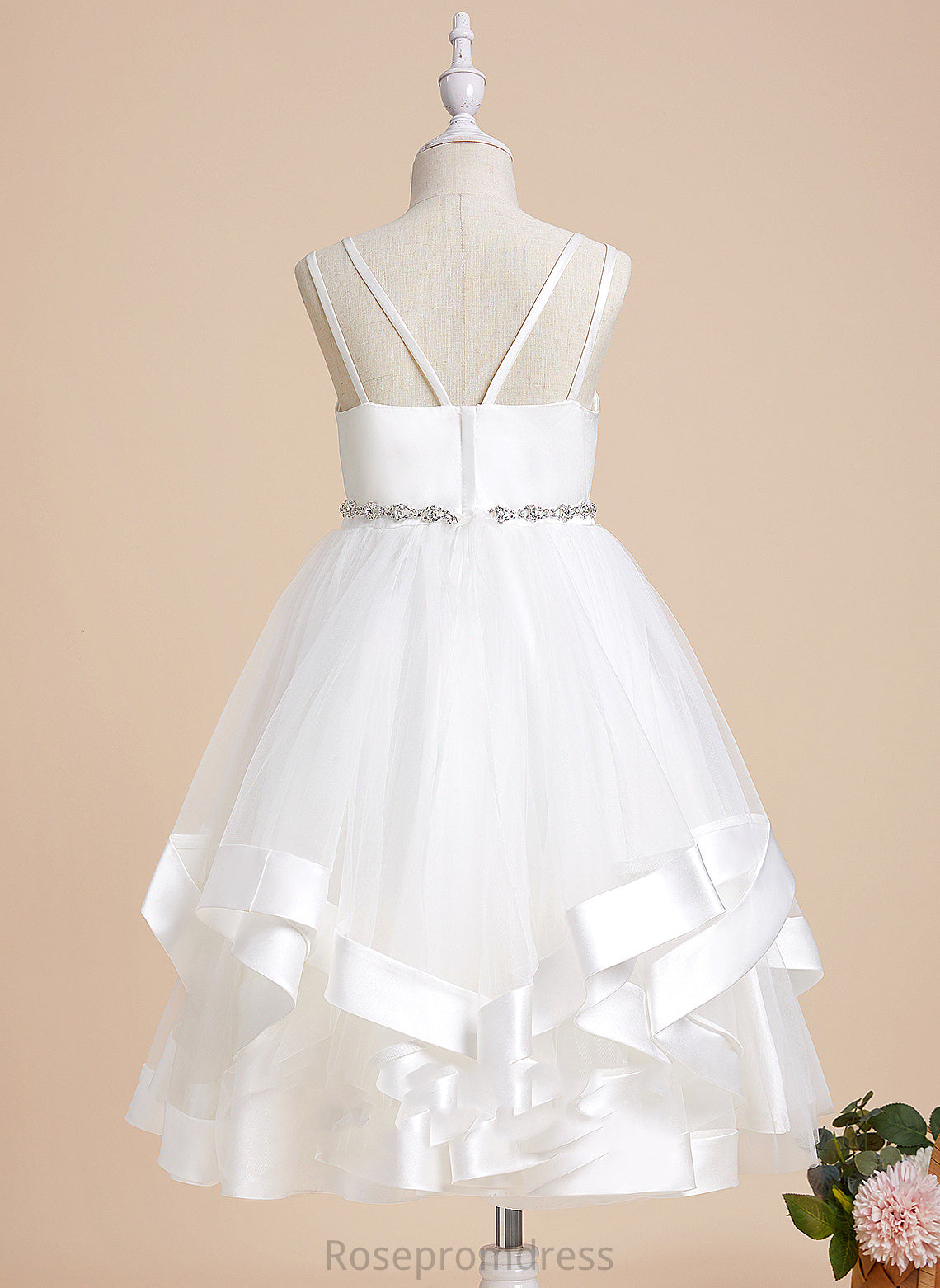 Tea-length Straps Flower Dress Satin/Tulle Beading Girl With Kaleigh Sleeveless A-Line - Flower Girl Dresses