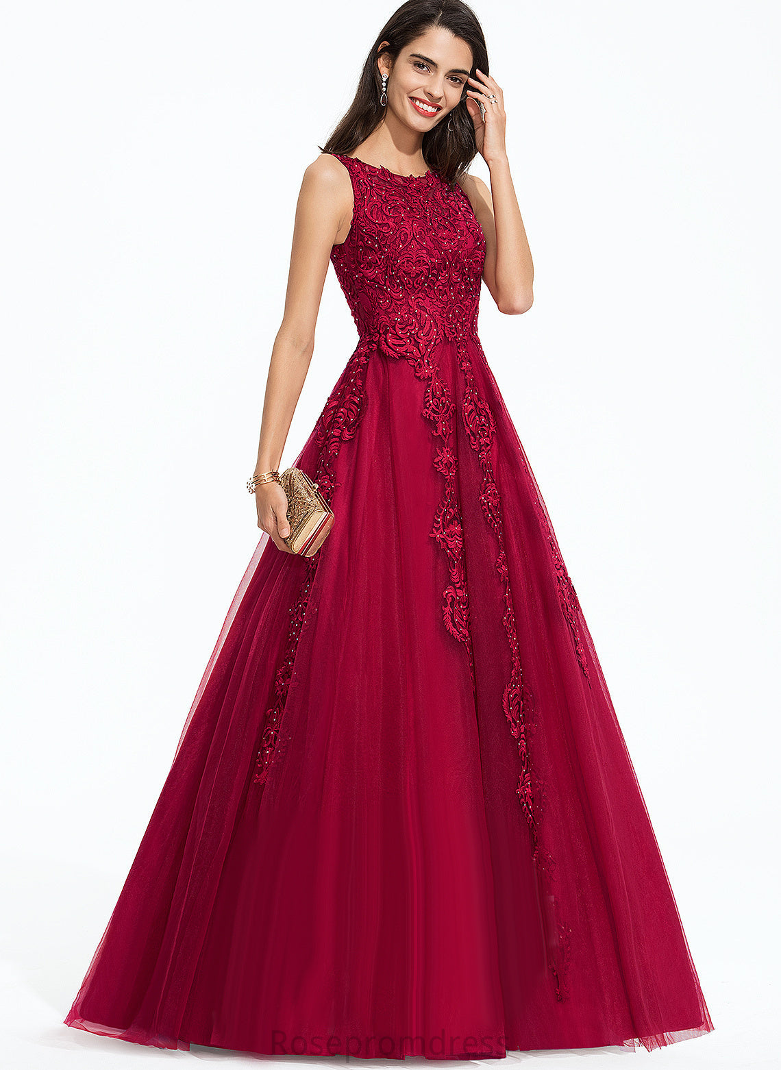 Prom Dresses Sweep Ball-Gown/Princess Scoop Beading Tulle Train Lace Caroline With