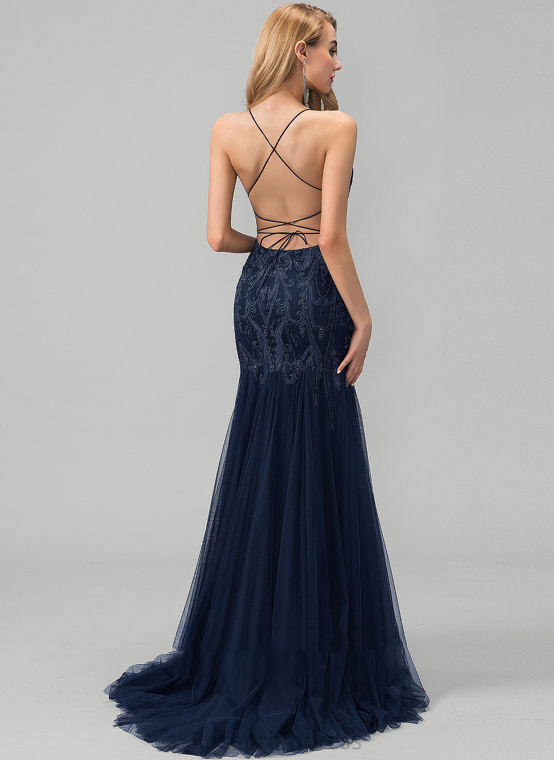 Train Square Lace Alana Tulle With Sequins Neckline Sweep Trumpet/Mermaid Prom Dresses