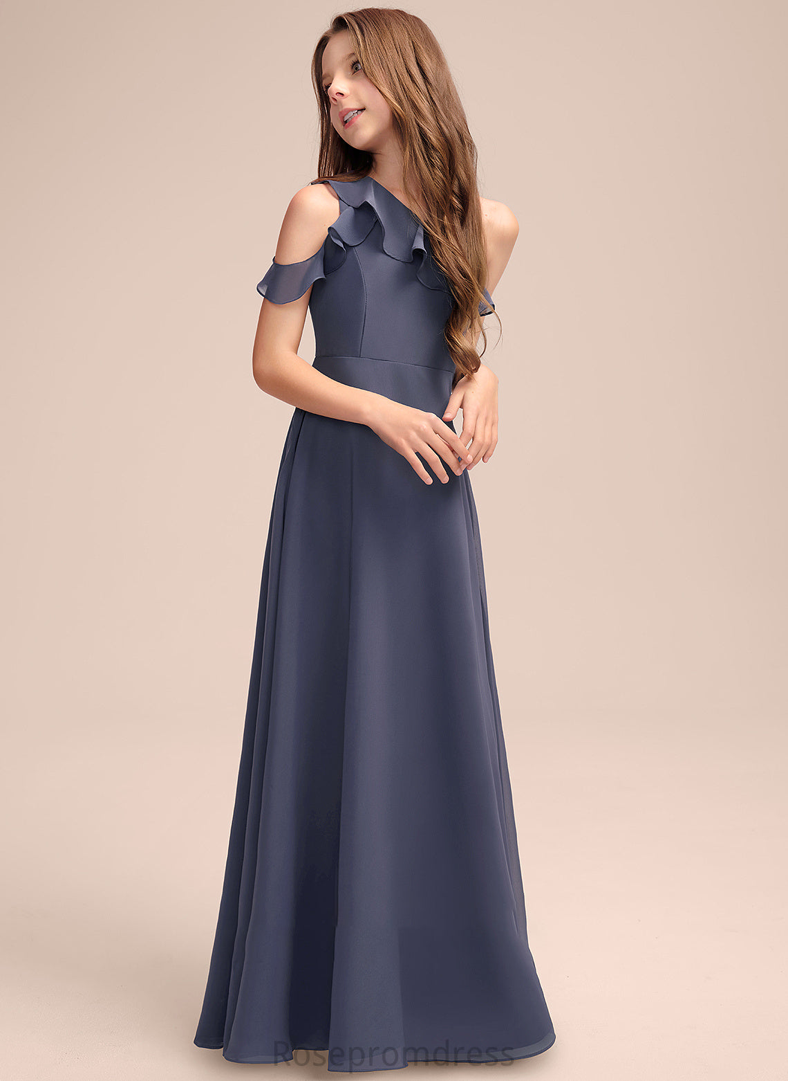 A-Line One-Shoulder With Ruffles Floor-Length Junior Bridesmaid Dresses Raegan Cascading Chiffon