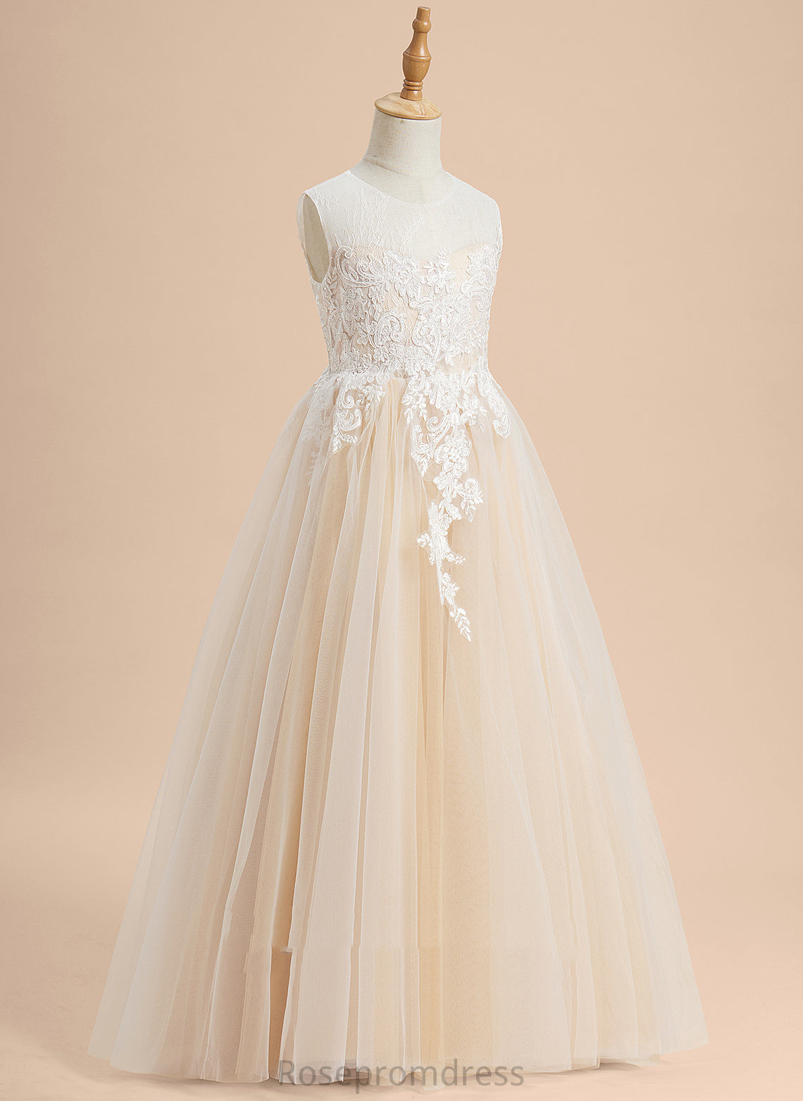 Girl Neck Tiara A-Line Flower Scoop Sleeveless Lace/Beading Tulle Floor-length Dress - With Flower Girl Dresses