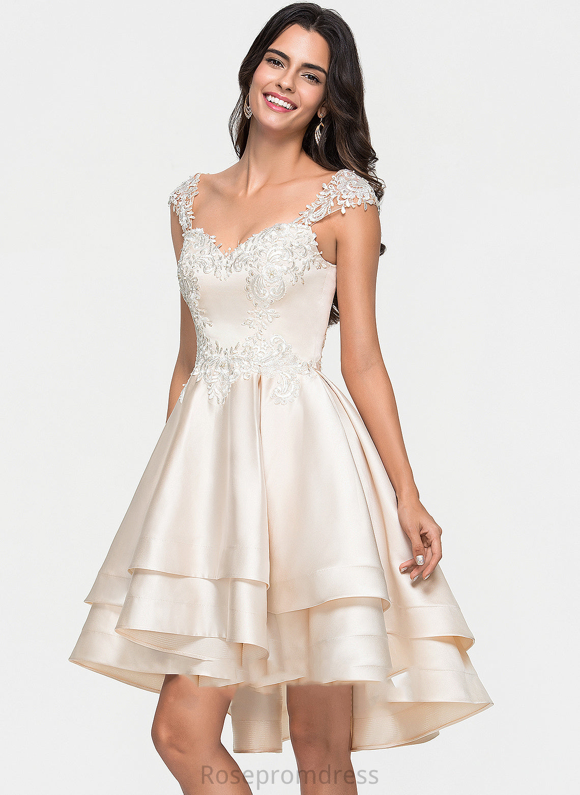 With Beading Homecoming Dresses Sweetheart A-Line Lace Cascading Ruffles Satin Asymmetrical Dress Homecoming Millicent