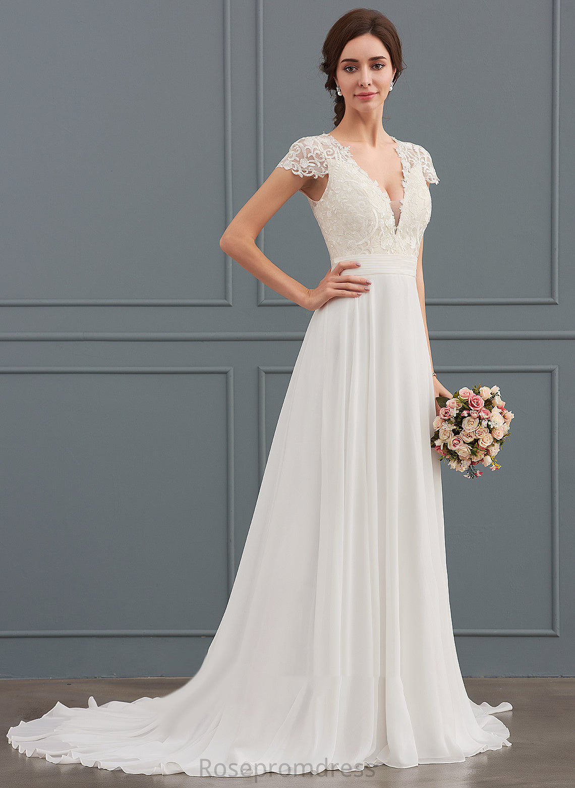 With Chiffon V-neck Lace Sweep Dress Izabelle Train A-Line Ruffle Wedding Dresses Wedding