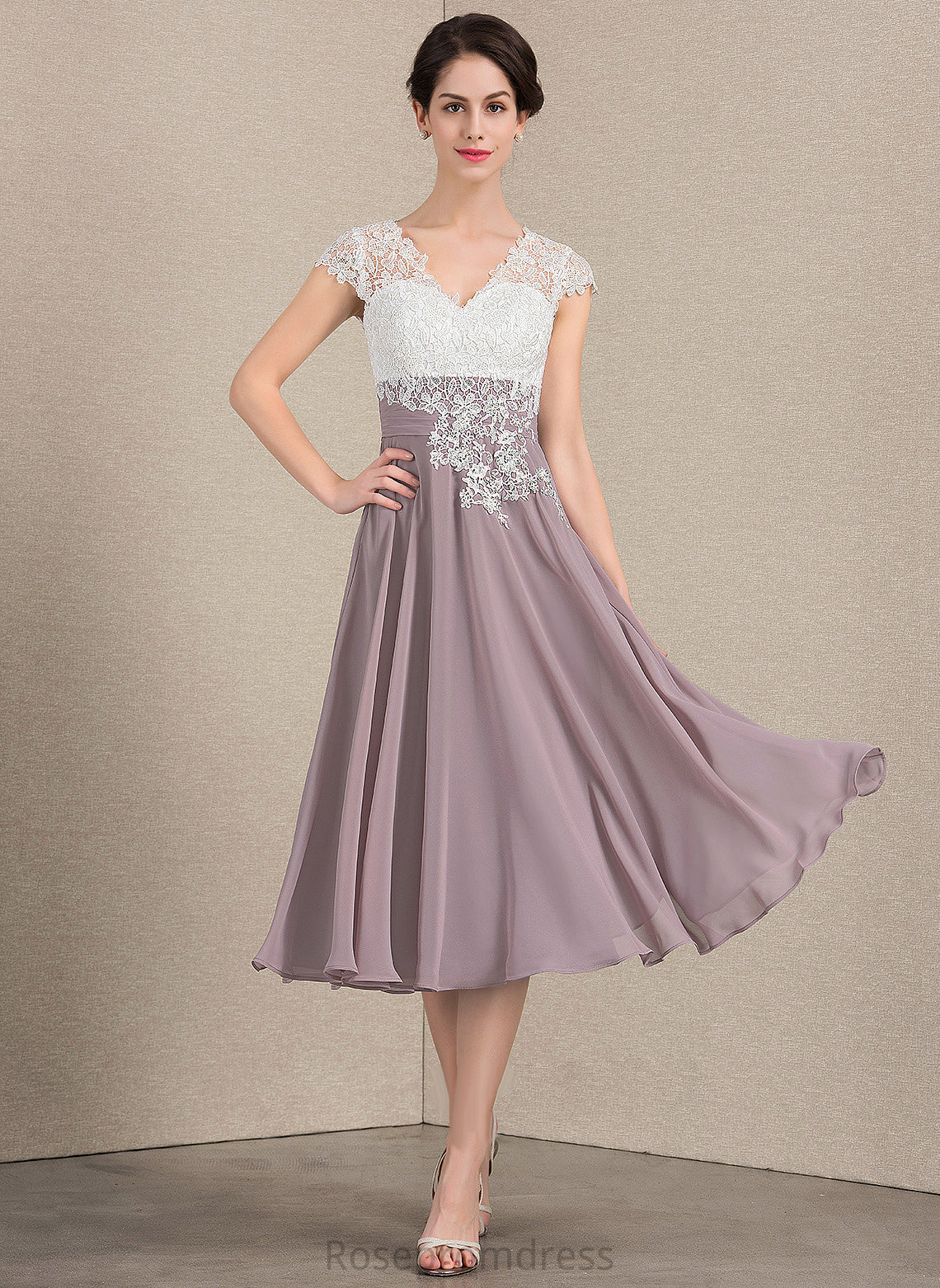 A-Line Mother of the Bride Dresses Viviana of Tea-Length the Lace Chiffon Mother Bride Dress V-neck