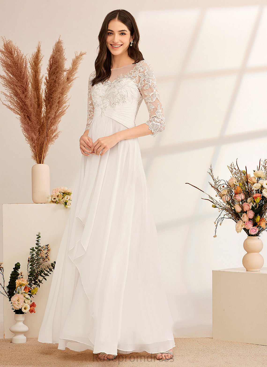 Wedding Dresses A-Line Chiffon Lace Ruffle Floor-Length Katherine Wedding Illusion Dress With Beading