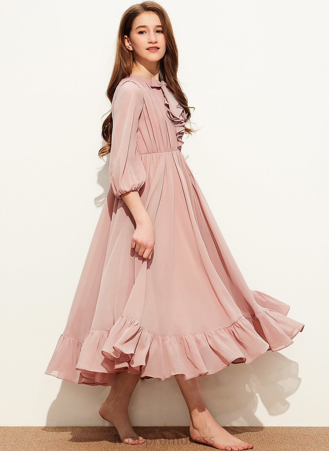 Tea-Length With Cascading Brenna Bow(s) Neck Junior Bridesmaid Dresses A-Line Chiffon Scoop Ruffles