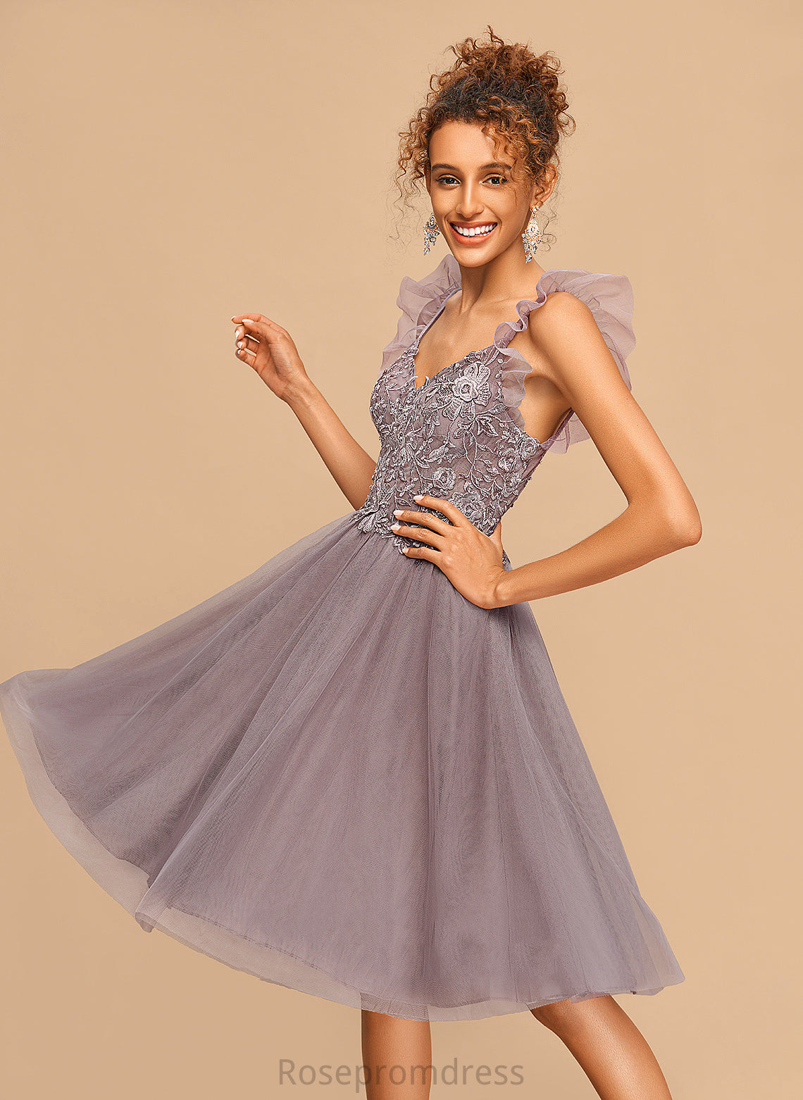 With V-neck Tulle Homecoming Dress Cascading Jada Lace Ruffles Knee-Length A-Line Homecoming Dresses