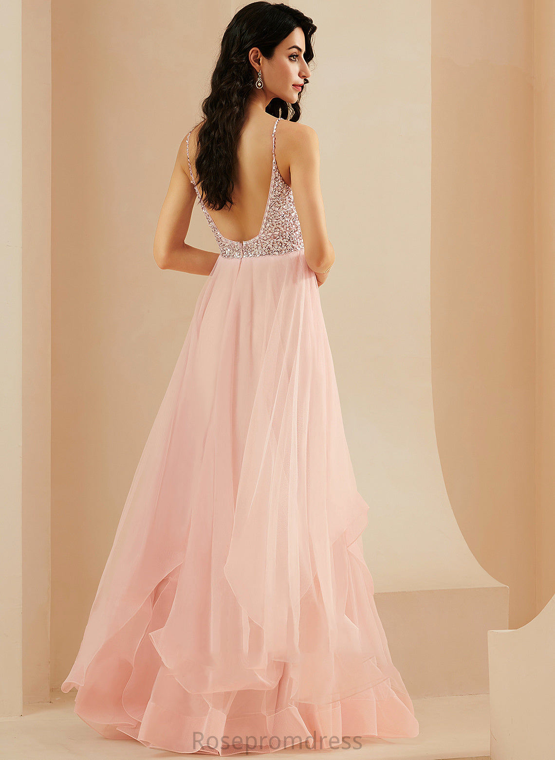 V-neck Sequins A-Line Tulle Floor-Length Beading Prom Dresses Susie With