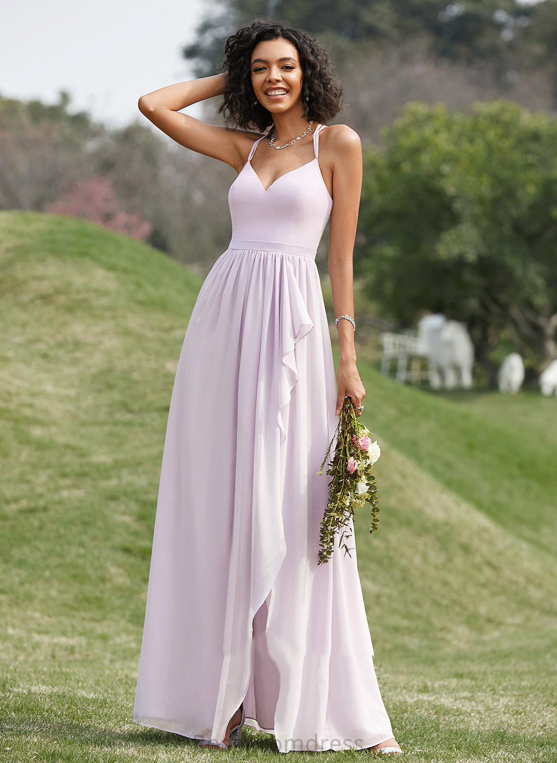 SplitFront Fabric Neckline Length Ruffle Embellishment Asymmetrical A-Line V-neck Silhouette Kailee Bridesmaid Dresses