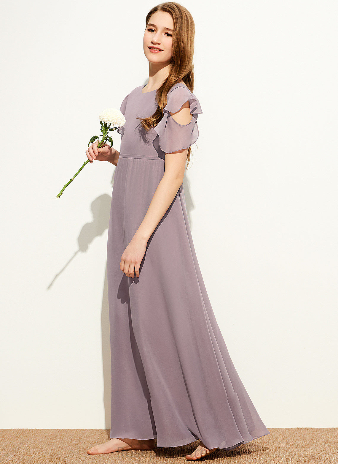 Junior Bridesmaid Dresses With Ruffles Chiffon Cascading A-Line Scoop Floor-Length Neck Lexi