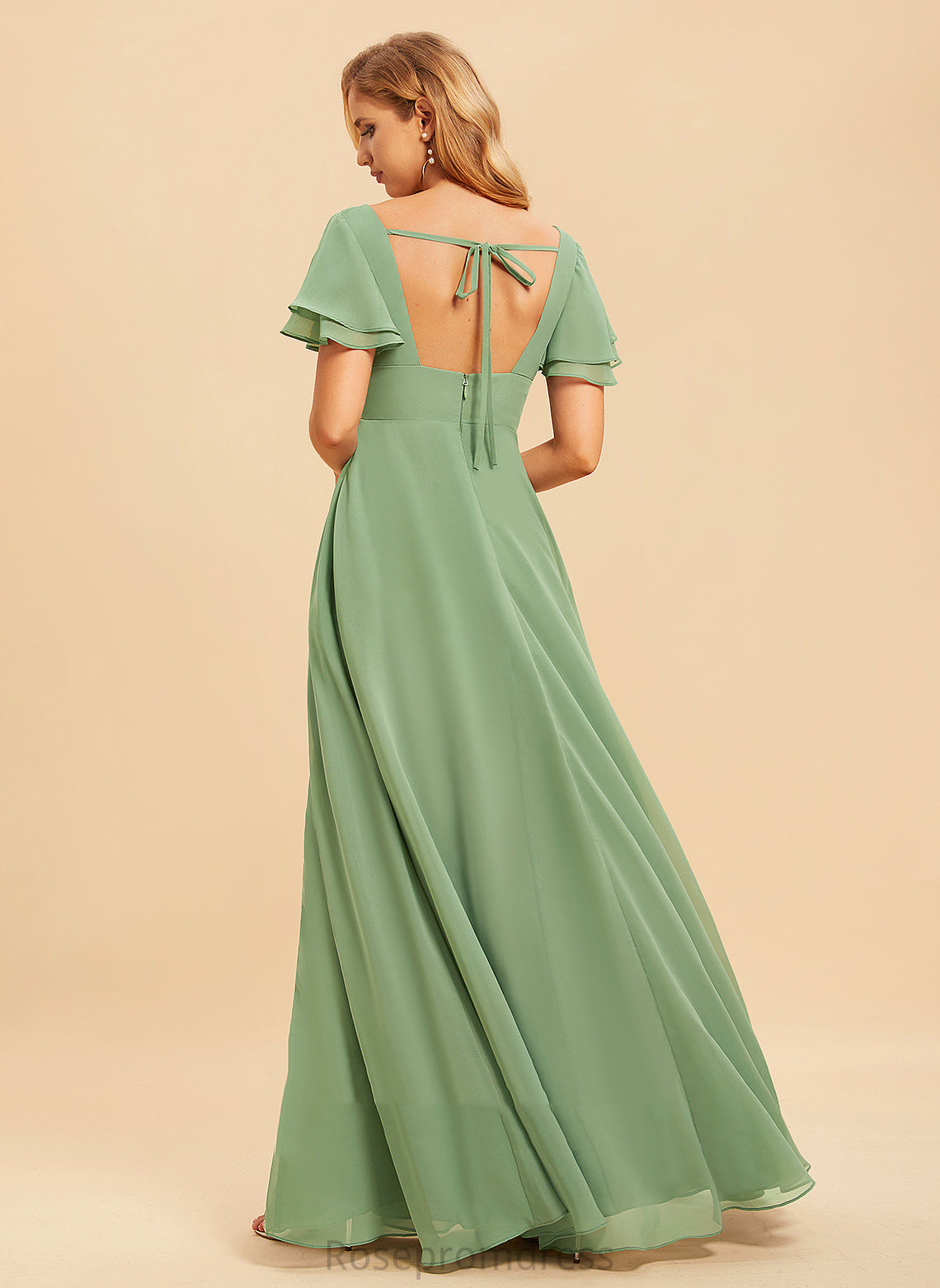 A-Line Fabric Embellishment Length Silhouette Floor-Length SplitFront Ruffle Neckline V-neck Trinity Trumpet/Mermaid Bridesmaid Dresses