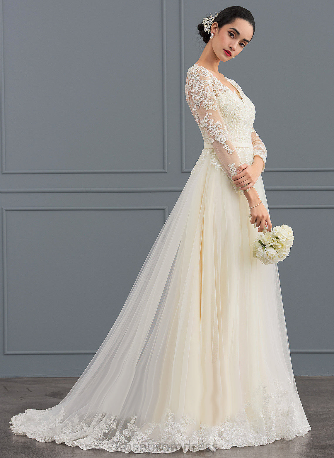 Wedding Dresses Dress Tulle Ball-Gown/Princess Train Virginia V-neck Wedding Lace Sweep