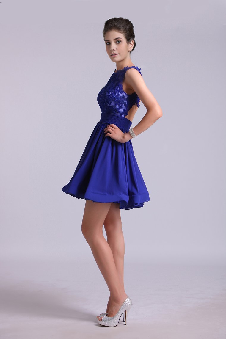 2024 Hot Selling Homecoming Dresses Scoop A-Line Short/Mini Chiffon Dark Royal Blue